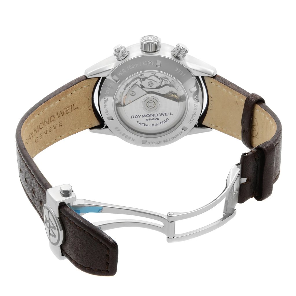 Back View Of Exhibition Back Case And Open Leather Band Of RAYMOND WEIL 7731-SC2-65655 Watch Display Model Condition