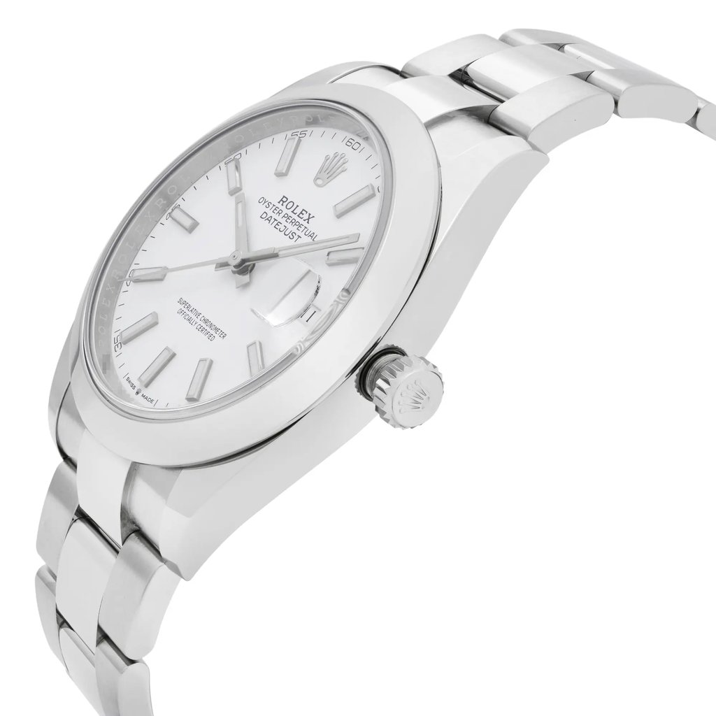 An image of a wristwatch shown from a side profile view, highlighting the crown. The watch face is slightly tilted towards the viewer, showcasing its pristine condition. The metallic bracelet and case are polished and unworn, viewed from a close distance to capture details.