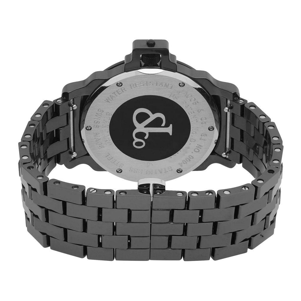 An image of a pre-owned wristwatch, showcasing the back view with a focus on the closed clasp. The watch is positioned upright, with the angle highlighting the metal bracelet and the branded back case. The photograph is taken at a close distance, capturing the details of the links and the engraved markings on the watch's backplate.