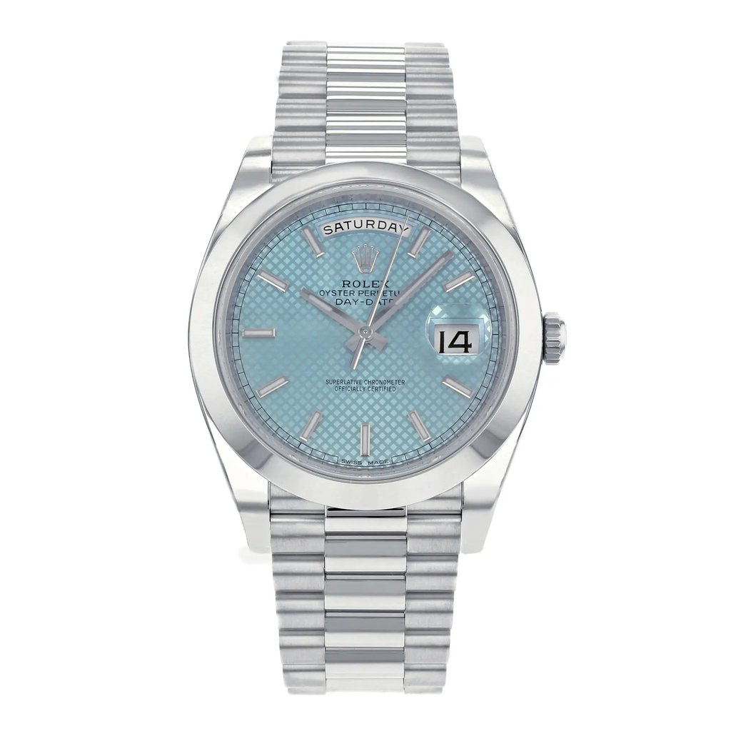 Front Full View Of Rolex 228206IBLSP Platinum Watch Pre Owned Condition {Product Condition}