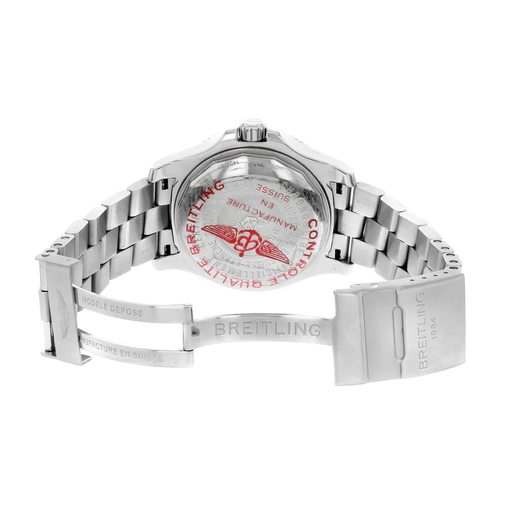 Back View Of {Caseback} Back Case And Open Stainless Steel Band Of Breitling A1739102/BA80-162A Watch Display Model Condition