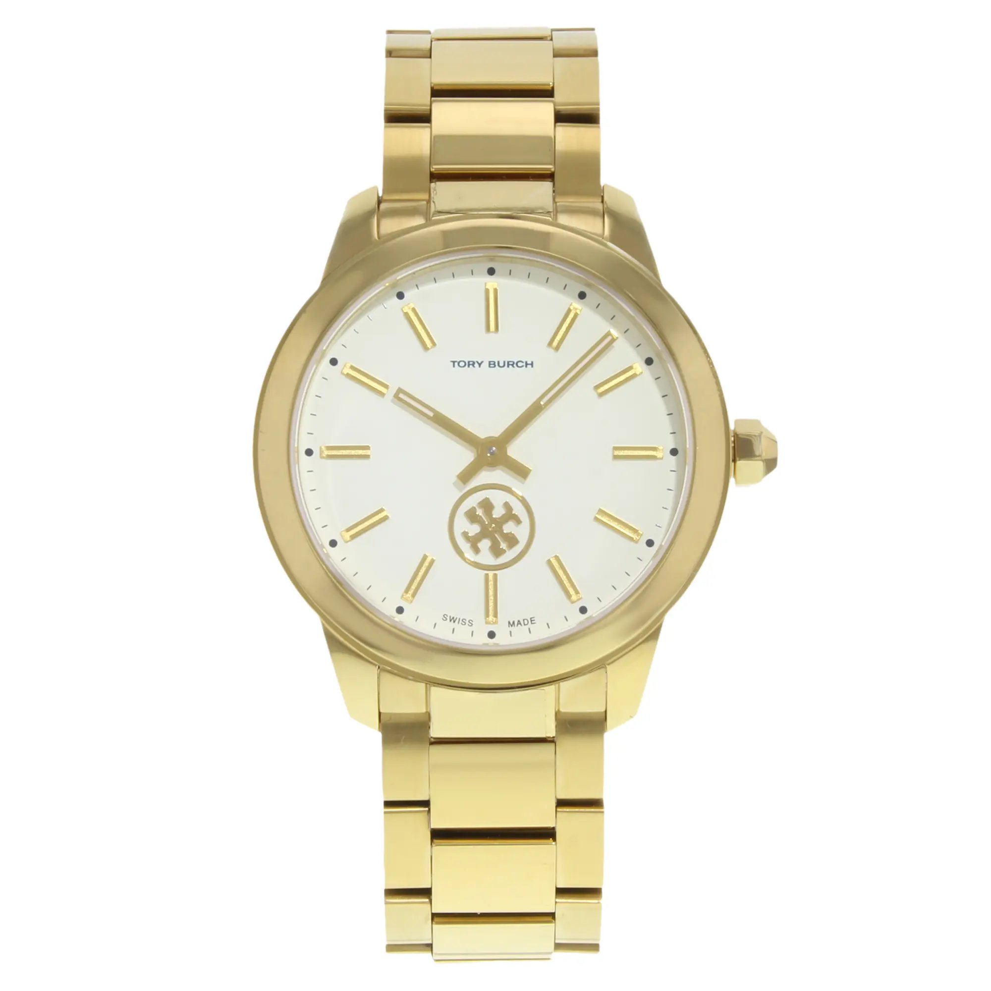 An image of a Wristwatch by Tory Burch. This Pre Owned item is designed for Women, featuring a Dress/Formal style. It has a Quartz movement and an Analog display with a Off-White dial color. The indices include Sticks. The band is made of Stainless Steel and the case is made of Stainless Steel. The watch has a Round shape with a case size of 37 mm and a case thickness of 8 mm.