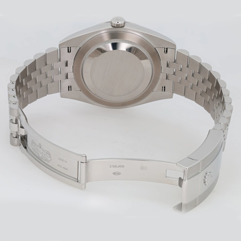 Back View Of Solid Back Case And Open Stainless Steel Band Of Rolex 126300 Watch Pre Owned Condition