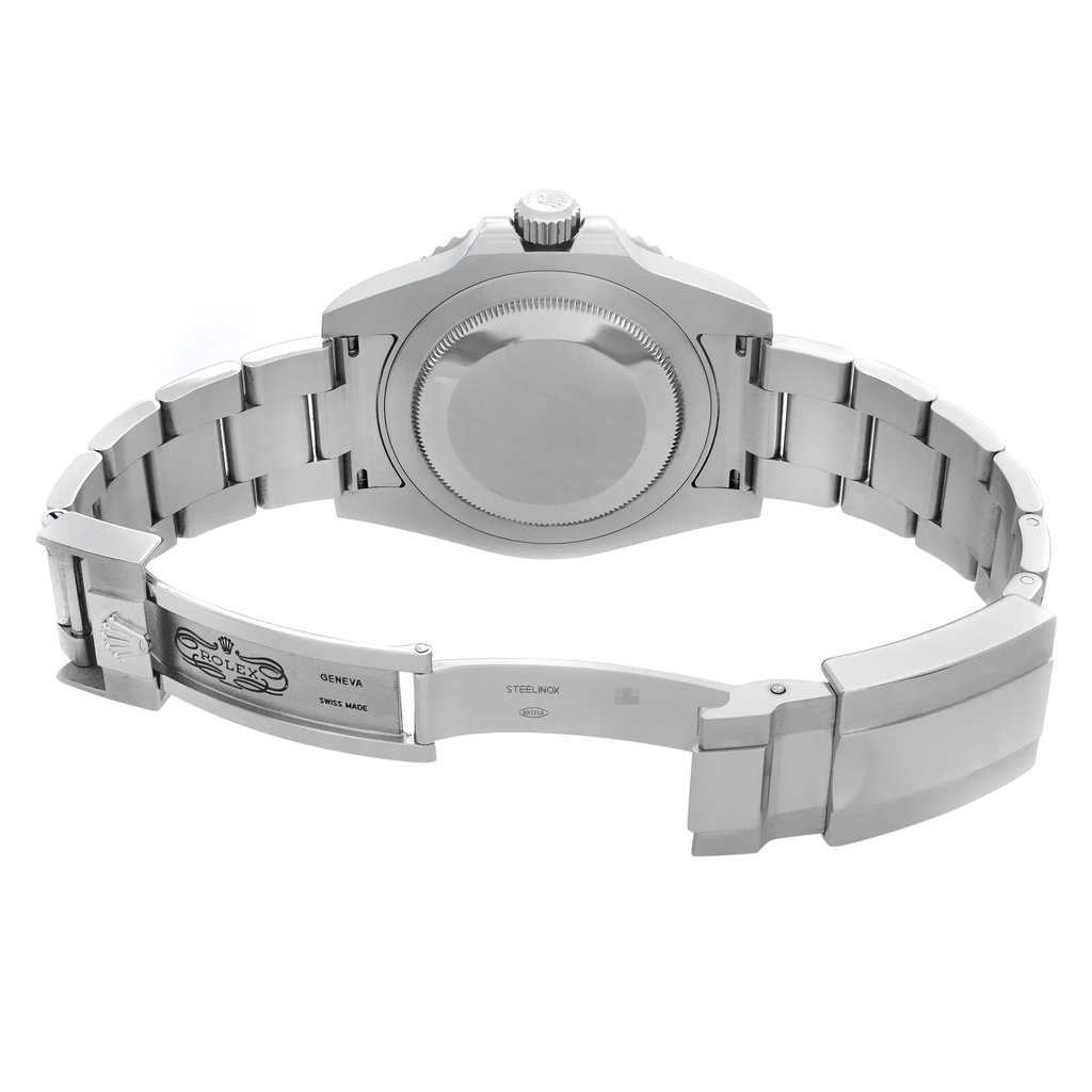Back View Of Solid Back Case And Open Stainless Steel Band Of Rolex 116710LN Watch Pre Owned Condition