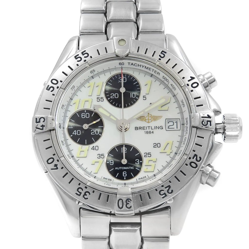 Up Close Front Facing Picture Of Breitling A13335 Stainless Steel Watch Pre Owned Condition