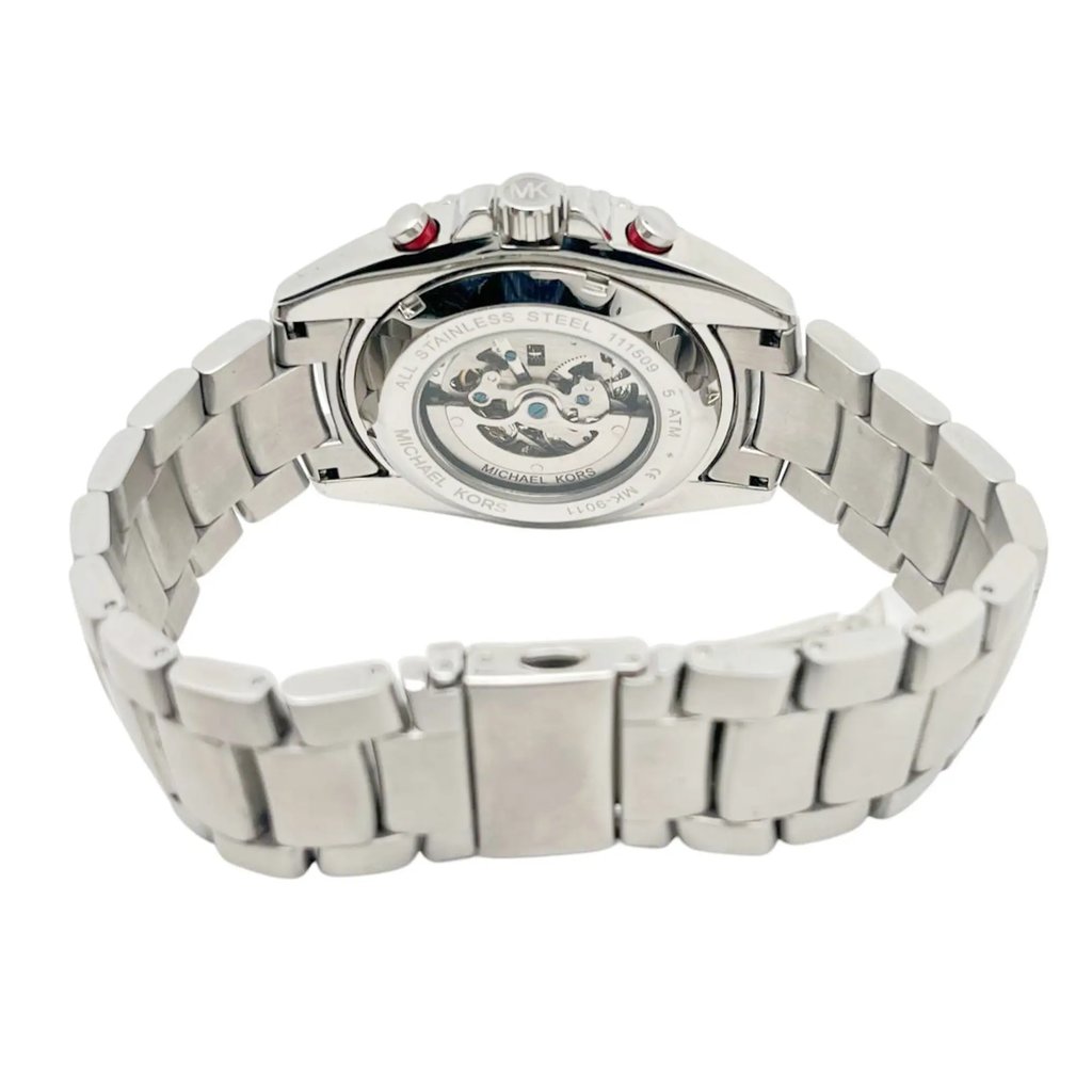 Back View Of Exhibition Back Case And Closed Stainless Steel Band Of Michael Kors MK9011 Watch New With Defects Condition