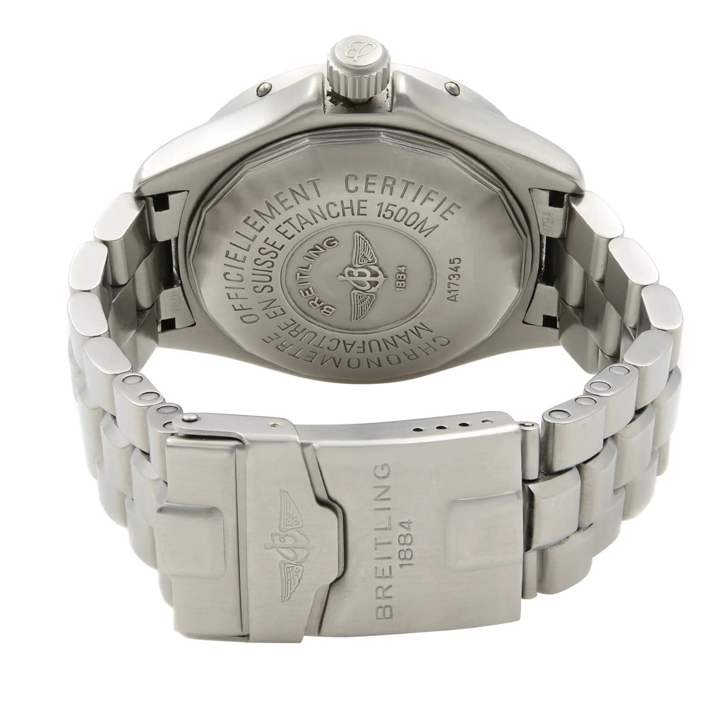 Back View Of Solid Back Case And Closed Stainless Steel Band Of Breitling A53035 Watch Pre Owned Condition