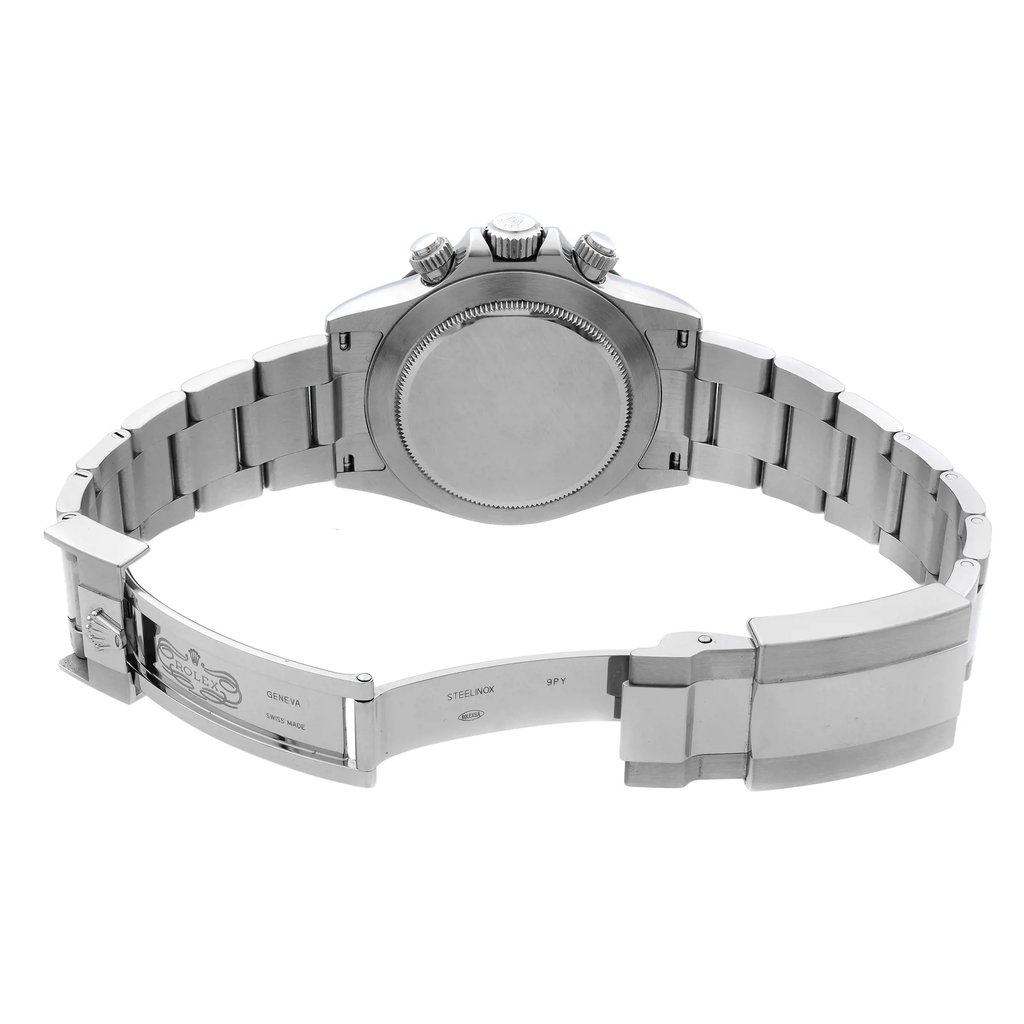 An image of a pre-owned men's Rolex wristwatch, presented from the back view with an open clasp, positioned at eye level. The stainless steel case and band are visible, showcasing the screwback case and the fold-over clasp with flip lock safety. The watch has a round shape and is in excellent condition, featuring a chronograph. The angle highlights the craftsmanship and durability of the stainless steel material from a moderate distance.
