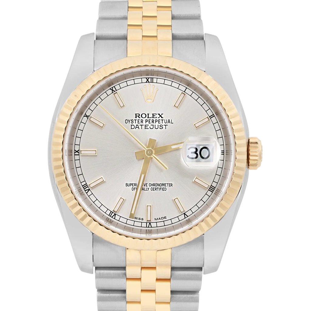 An image of a pre-owned men's Rolex wristwatch, showcasing a close-up frontal view. The watch features a two-tone metal band with gold and stainless steel links. The face is silver with gold hour markers and hands, which are luminous. The date indicator is prominently displayed on the right side of the dial. The watch is positioned upright, capturing its elegant design and intricate details.