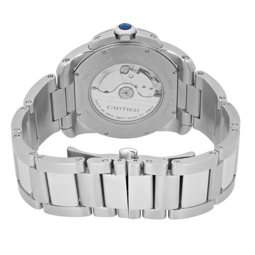 An image of a pre-owned Cartier men's wristwatch, viewed from the back at a slightly elevated angle. The focus is on the stainless steel bracelet and the transparent case back, showcasing the watch's intricate movement. The watch is positioned centrally and is captured from a close distance, highlighting details such as the blue cabochon crown and engraved text on the case.