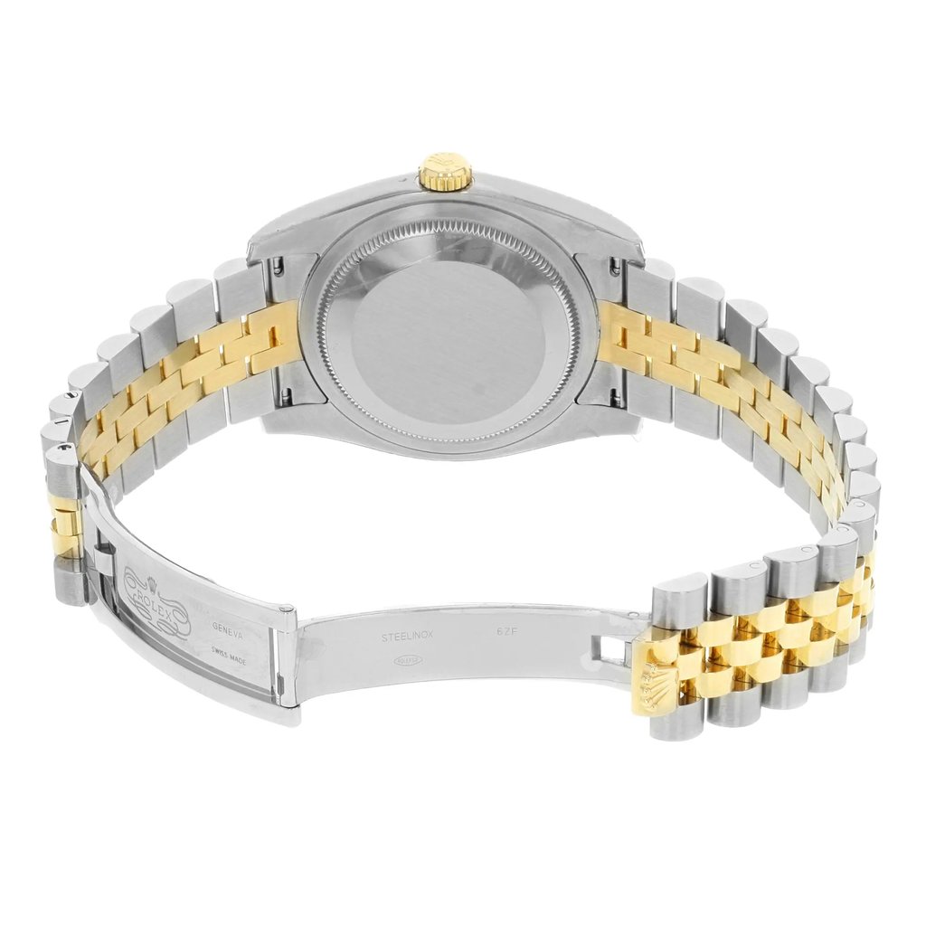 Back View Of Screwback Back Case And Open Stainless and Solid Gold Band Of Rolex 116203 SSJ Watch Display Model Condition