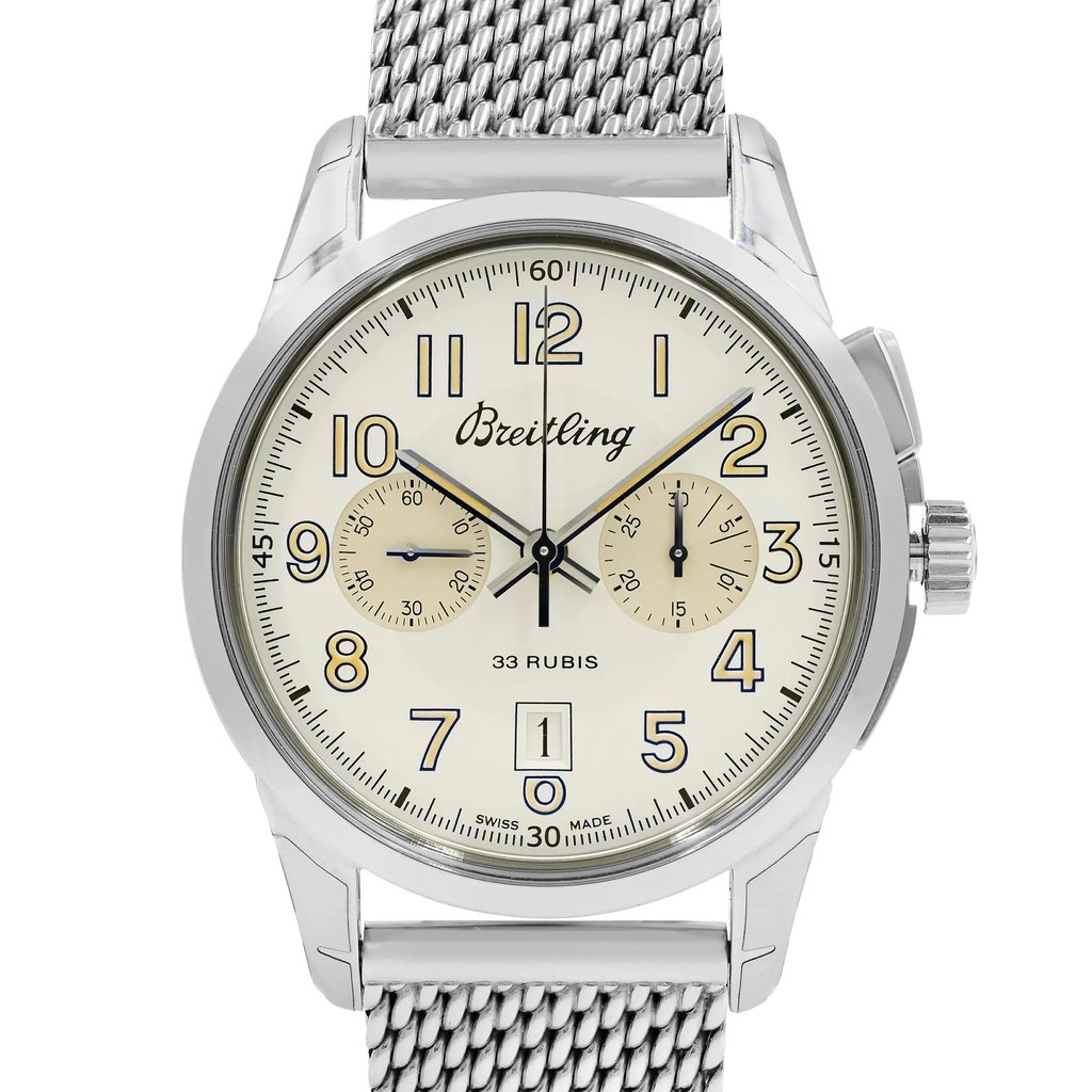 Up Close Front Facing Picture Of Breitling AB141112/G799-154A Stainless Steel Watch Display Model Condition