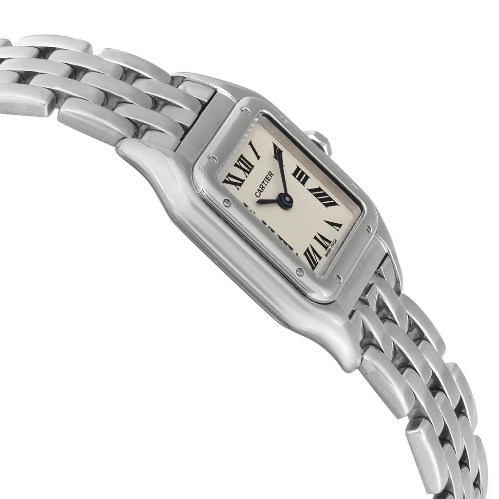 An image of a pre-owned Cartier wristwatch for women, displayed in a side profile view opposite of the crown. The watch features a casual style with a square stainless steel case and a matching stainless steel band. The dial is silver-colored with Roman numeral hour markers, and the bezel is of steel. The photo is taken from a close distance, highlighting the watch's side angle and showing the smooth links of the band. The watch shows light signs of wear or scratches. 