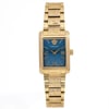 An image of a Versace women's dress/formal wristwatch in excellent condition, displayed in a front full frontal view. The watch features a rectangular shape with a blue dial, adorned with non-numeric hour marks and Roman numerals. The band and case are made of gold-plated stainless steel, showcasing an elegant design. Unworn. Box and manuals are included.

