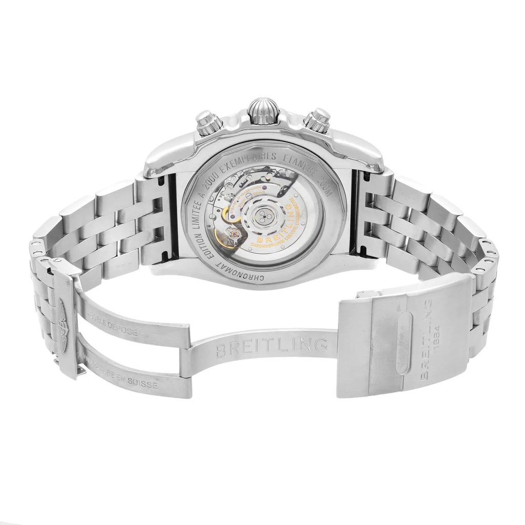 Back View Of Exhibition Back Case And Open Stainless Steel Band Of Breitling AB041210/BB48-384A Watch Pre Owned Condition