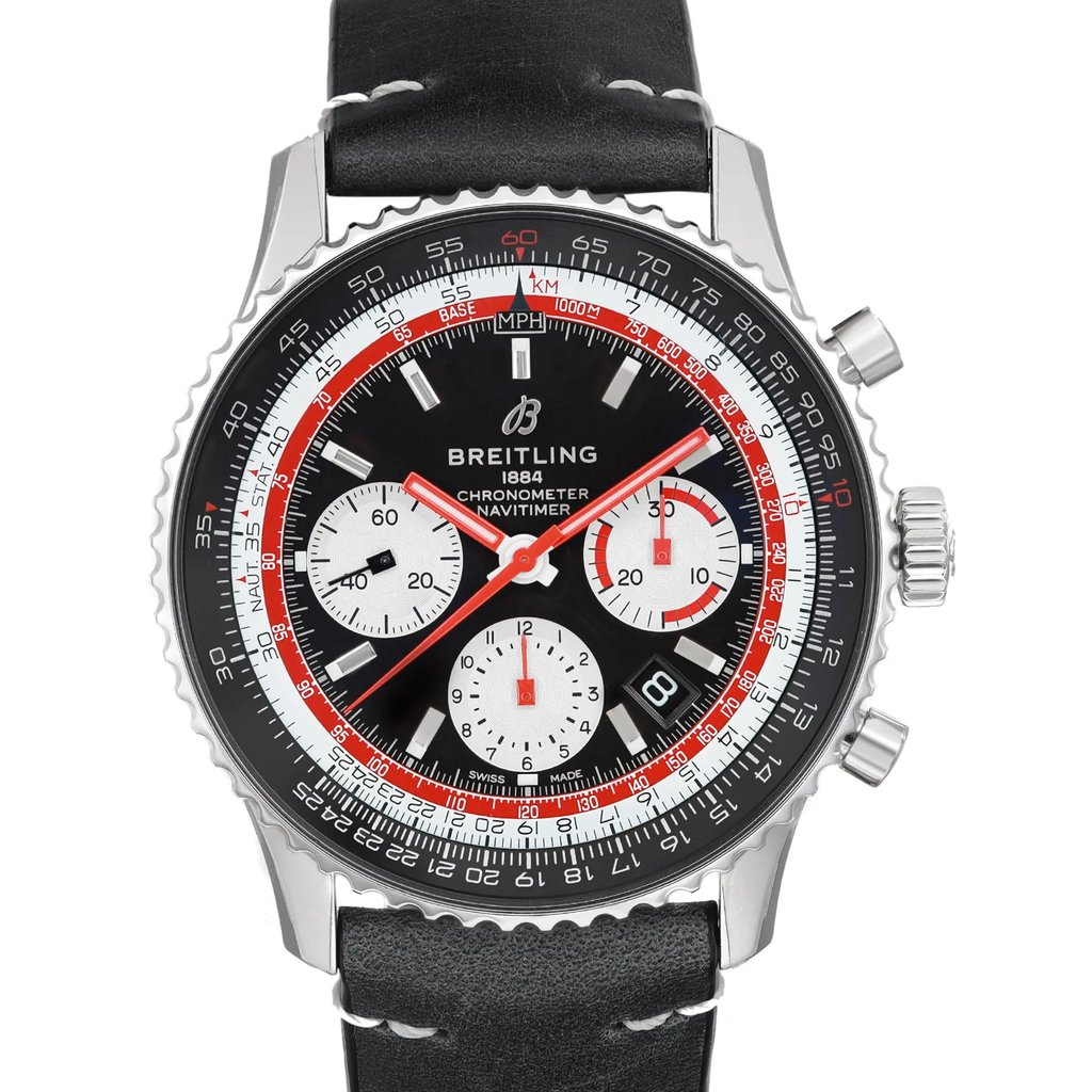 An image of a Breitling men's pilot/aviator wristwatch in excellent condition, displayed as a front close-up shot centered on the watch face. The watch features a black dial, gray bezel, and a leather band with slight discoloration due to storage. The round stainless steel case surrounds the dial, which includes white stick indexes, multiple hands, a red seconds hand, and three subdials for the chronograph and small seconds functions. It also has a date indicator and luminous hands. The angle of the image is head-on, and the watch is photographed at close range to highlight the details on the dial.