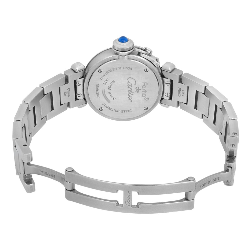 An image of a pre-owned women's Cartier wristwatch positioned at a slight angle, showcasing the back of the watch. The stainless steel bracelet is partially open, revealing the engraved case back. The watch is photographed from a medium distance, clearly displaying the details and inscriptions, including the brand name and specifications.