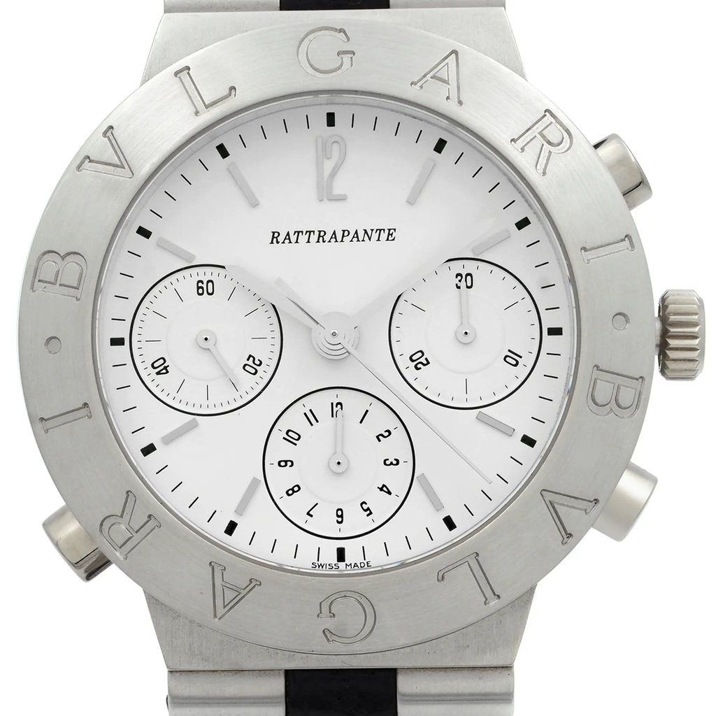 An image of a pre-owned men's Bvlgari wristwatch, viewed from the front at a close distance. The watch features a platinum case with "BVLGARI" engraved on the bezel, a white dial with chronograph and small seconds subdial, and silver hour markers. The crown and pushers are visible on the right side.