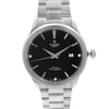 An image of a pre-owned men's TUDOR wristwatch displayed from a front angle, showcasing its sleek design. The watch has a black dial with silver hour markers and hands, and features a date indicator at the 3 o'clock position. It is equipped with a stainless steel bracelet and casing, positioned centrally in the frame for a clear and detailed view.