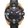 An image of a Wristwatch by Tissot. This New With Defects item is designed for Men, featuring a Sport style. It has a Quartz movement and an Analog & Digital display with a Black dial color. The indices include 12-Hour Dial,Arabic Numerals,Stick Indexes. The band is made of Silicone and the case is made of Titanium. The watch has a Round shape with a case size of 45 mm and a case thickness of 13 mm.