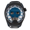An image of a pre-owned HYT Skull AXL Guns N Roses 51mm Titanium PVD men's wristwatch, captured from a top-down angle. The watch face features a distinctive blue skull design with a fluidic time display. The numerals are arranged around the edge, and the watch has a black strap with blue stitching. The image is taken at a close distance, highlighting the intricate details of the watch's design.