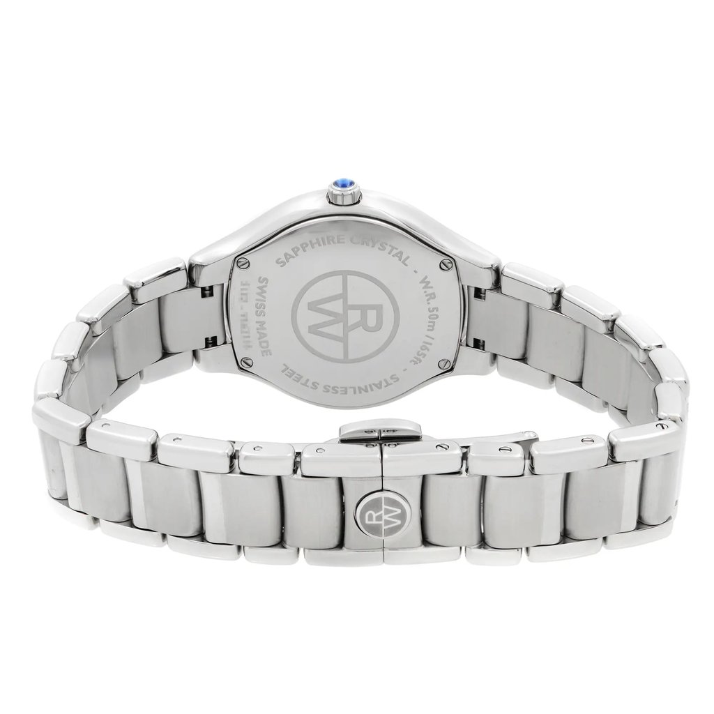 An image of an unworn Raymond Weil women's wristwatch, showcased in a back view with a close clasp. The watch has a round shape with a stainless steel band and case. The rear of the watch case displays the engraved brand logo and mentions "Sapphire Crystal" and "Swiss Made." The image is a close-up, highlighting the details of the watch's back and the stainless steel bracelet links. The watch is positioned straight, with the top of the watch facing upwards and the clasp visible in the lower part of the image.