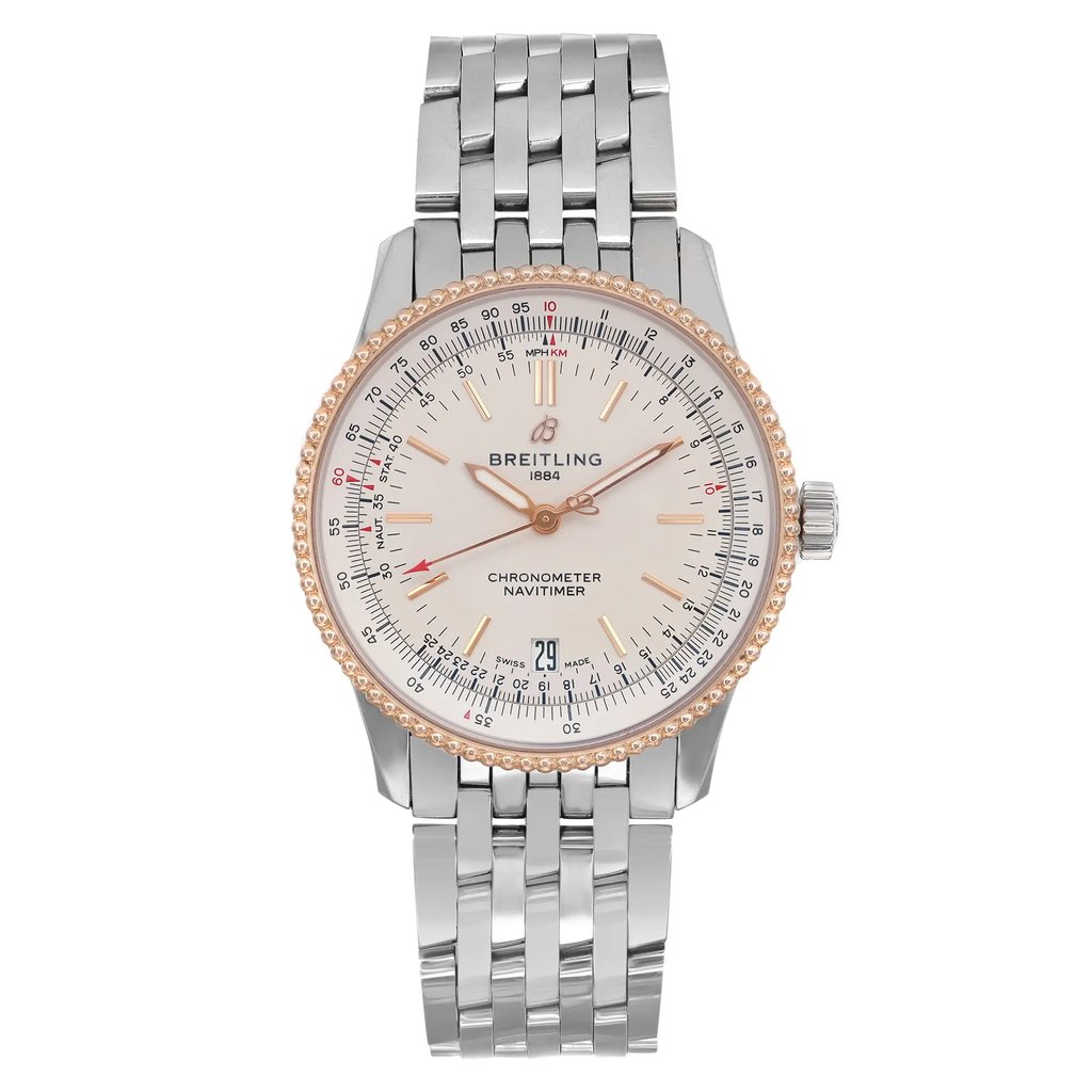 An image of a pre-owned Breitling men's wristwatch in excellent condition. The watch is showcased in a full frontal view with the camera positioned directly in front of it, capturing the entire watch face and band. The dial is silver with stick indexes and features such as a date indicator and luminous hands. It has a rose gold bezel and the case and band are made of stainless steel. The watch has a round shape and is presented against a neutral background, ensuring clear visibility of its luxury style and details.