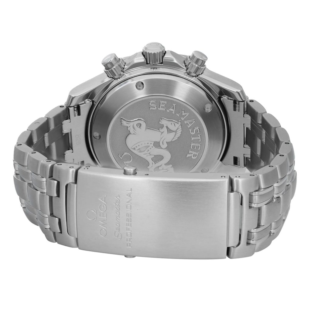 An image of a pre-owned wristwatch taken from the back view. The focus is on the closed clasp and the engraved case back. The watch features a stainless steel bracelet and the brand name "Seamaster" is visible on the clasp. The angle is slightly elevated, capturing the detailing on the case back and the bracelet links up close.