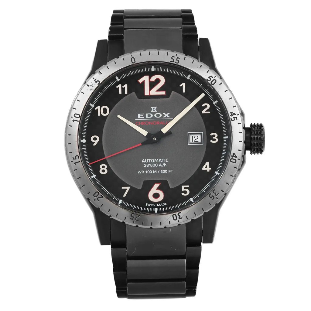 An image of a pre-owned wristwatch shown from a front full frontal view. The watch features a black dial with large, bold numerals at the 12 and 6 positions. It has a silver bezel and a black metal bracelet. The brand name is visible on the dial, along with additional details like the date display and automatic movement specifications. The image is taken up close to highlight the watch's details and condition.
