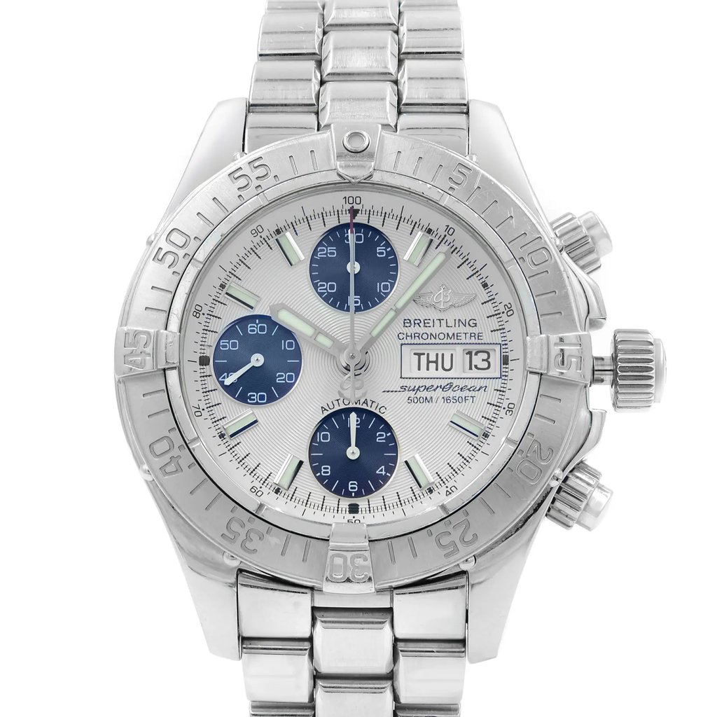 Up Close Front Facing Picture Of Breitling A13340 Stainless Steel Watch Pre Owned Condition