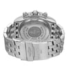 An image of a pre-owned men's Breitling wristwatch, taken from a close-up back view showcasing the screwback caseback and stainless steel fold-over clasp with flip lock safety. The watch is positioned so that the back of the case is visible center frame, with the stainless steel band partially open and extending to the sides. The round shape of the case is evident, and the engravings on the caseback detail the brand and water-resistance information. The image is taken at a distance that captures the entire back of the watch and the clasp mechanism clearly, with a straight-on angle that allows for easy viewing of the details. The case back and bracelet shows signs of wear.