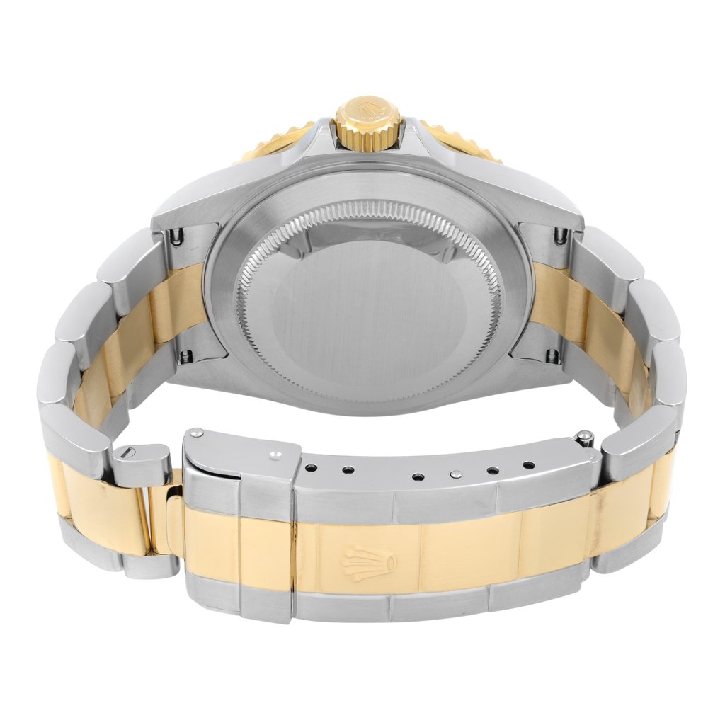 Back View Of Solid Back Case And Closed Stainless Steel,Gold Band Of Rolex 16613 Watch Pre Owned Condition