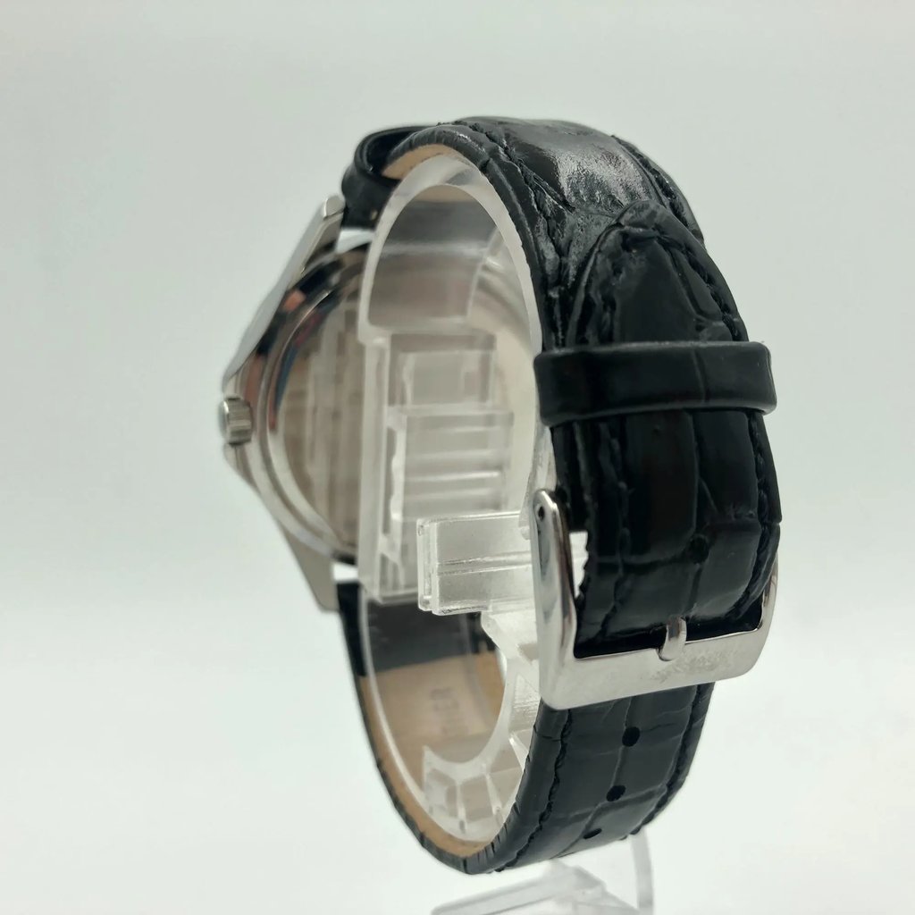 Back View Of {Caseback} Back Case And Closed Leather Band Of Pulsar V33J-X065 Watch Pre Owned Condition
