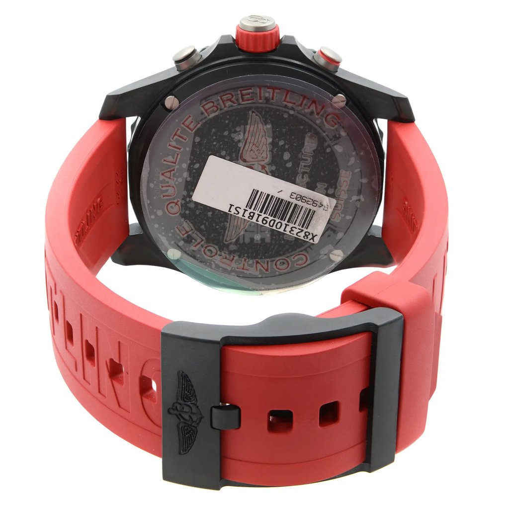Back View Of Solid Back Case And Closed Rubber Band Of Breitling X82310D91B1S1 Watch Unworn Condition
