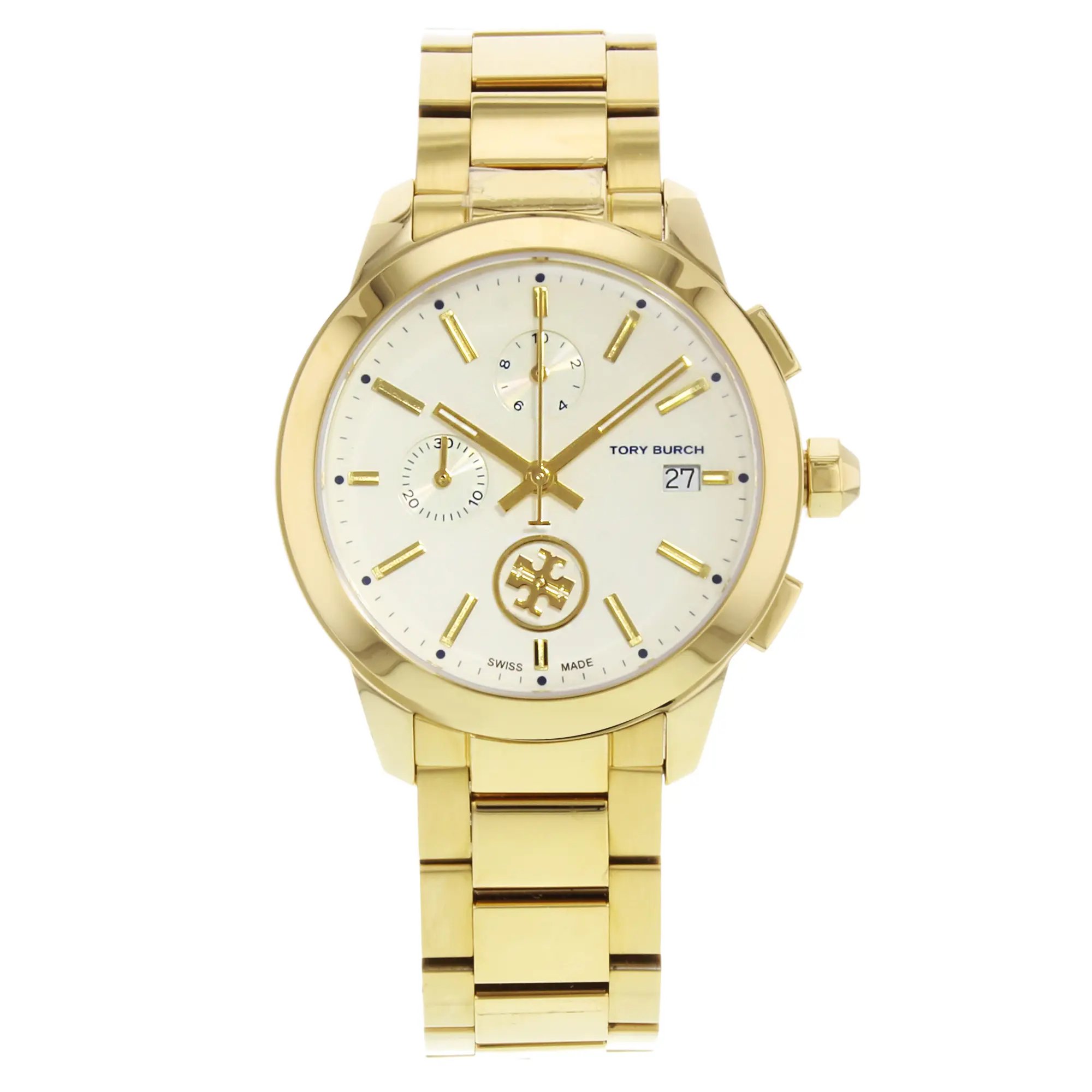An image of a Wristwatch by Tory Burch. This Pre Owned item is designed for Women, featuring a Casual style. It has a Quartz movement and an Analog display with a Cream dial color. The indices include Non-Numeric Hour Marks,Sticks. The band is made of Stainless Steel and the case is made of Stainless Steel. The watch has a Round shape with a case size of 38 mm and a case thickness of 10 mm.