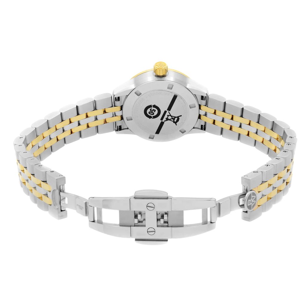 Back View Of Solid Back Case And Open Stainless Steel Band Of RAYMOND WEIL 5629-STP-97081 Watch Display Model Condition