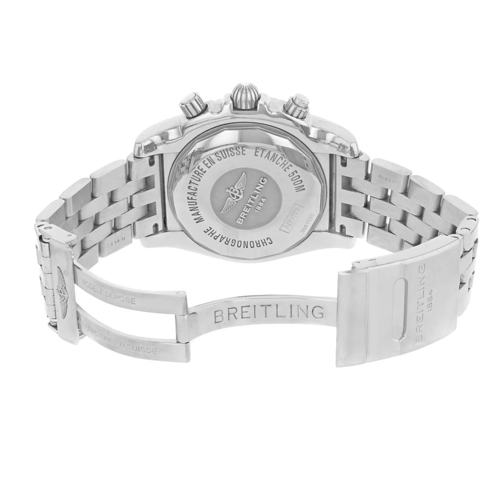 Back View Of Screwback Back Case And Open Stainless Steel Band Of Breitling AB011012/B967-375A Watch Pre Owned Condition