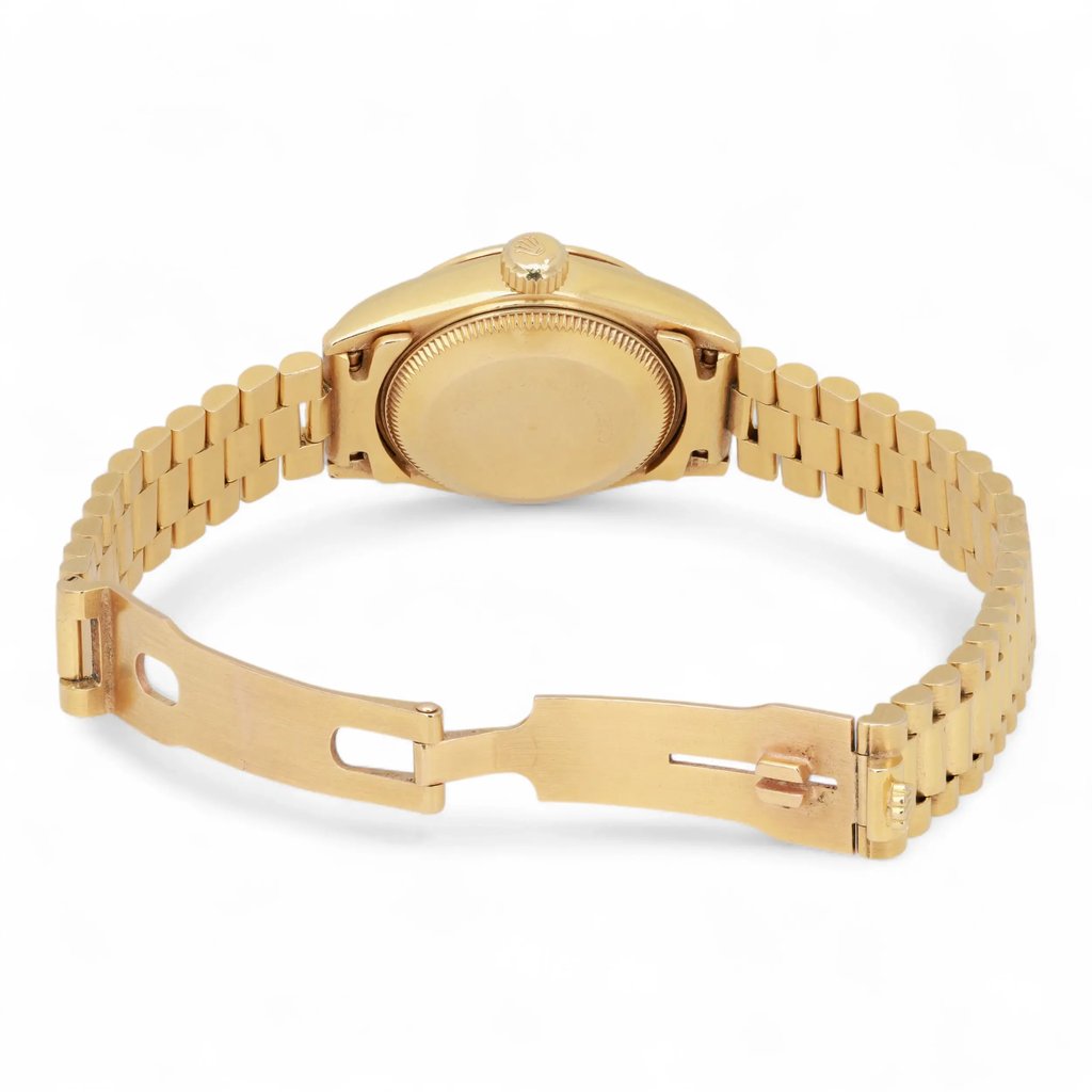 Back View Of Screwback Back Case And Open Yellow Gold Band Of Rolex 69178 Watch Pre Owned Condition