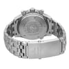 An image of a pre-owned OMEGA men's wristwatch in stainless steel, viewed from the back showing the screwback case with the Seamaster logo and the fold-over clasp with double push buttons. The watch is positioned at a slight angle with the clasp partially open, allowing the back of the watch case to be visible in the center. The band material is also stainless steel and shows minor signs of wear. The watch is photographed up close, with a focus on the caseback and clasp details.