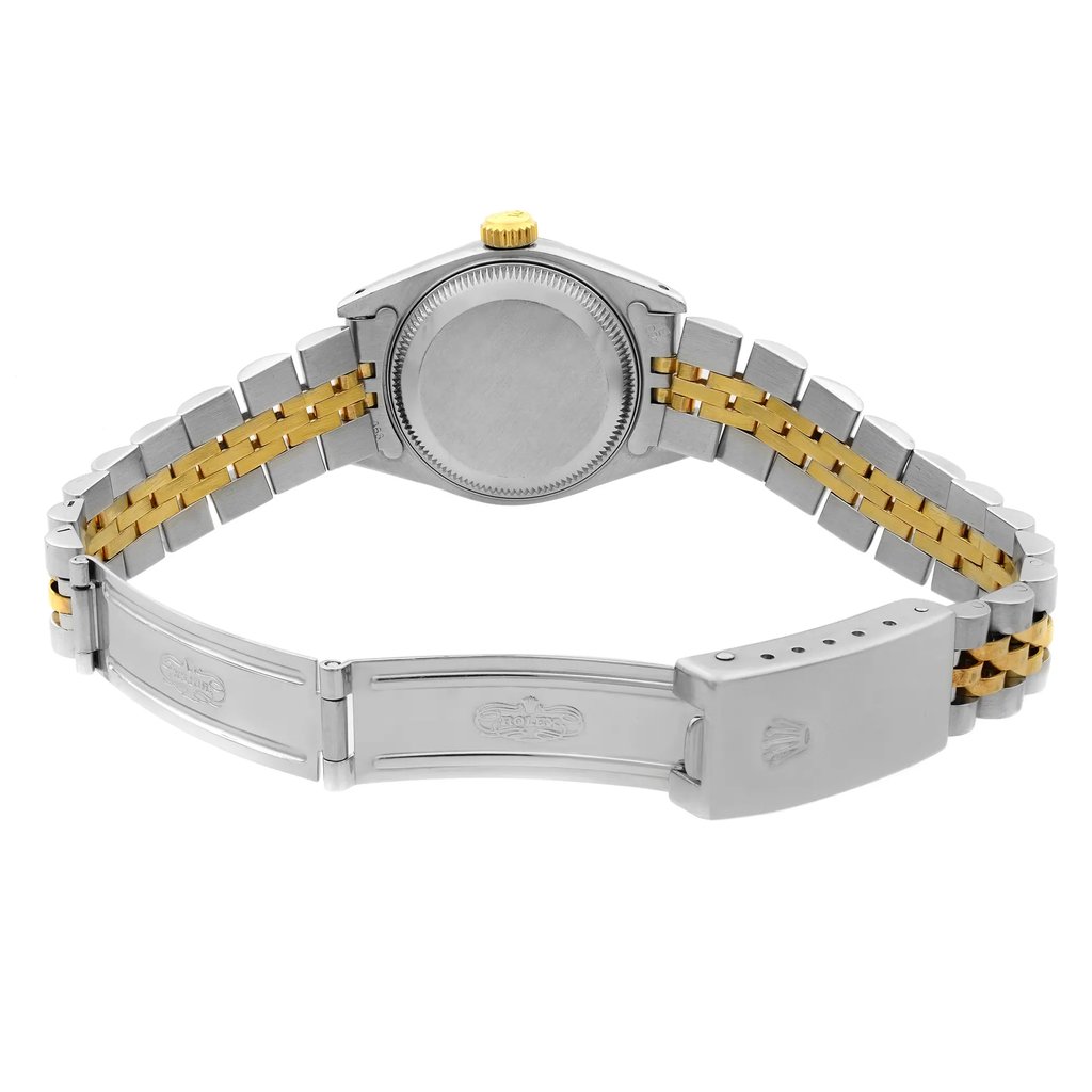 Back View Of {Caseback} Back Case And Open Stainless and Solid Gold Band Of Rolex 69173 Watch Pre Owned Condition