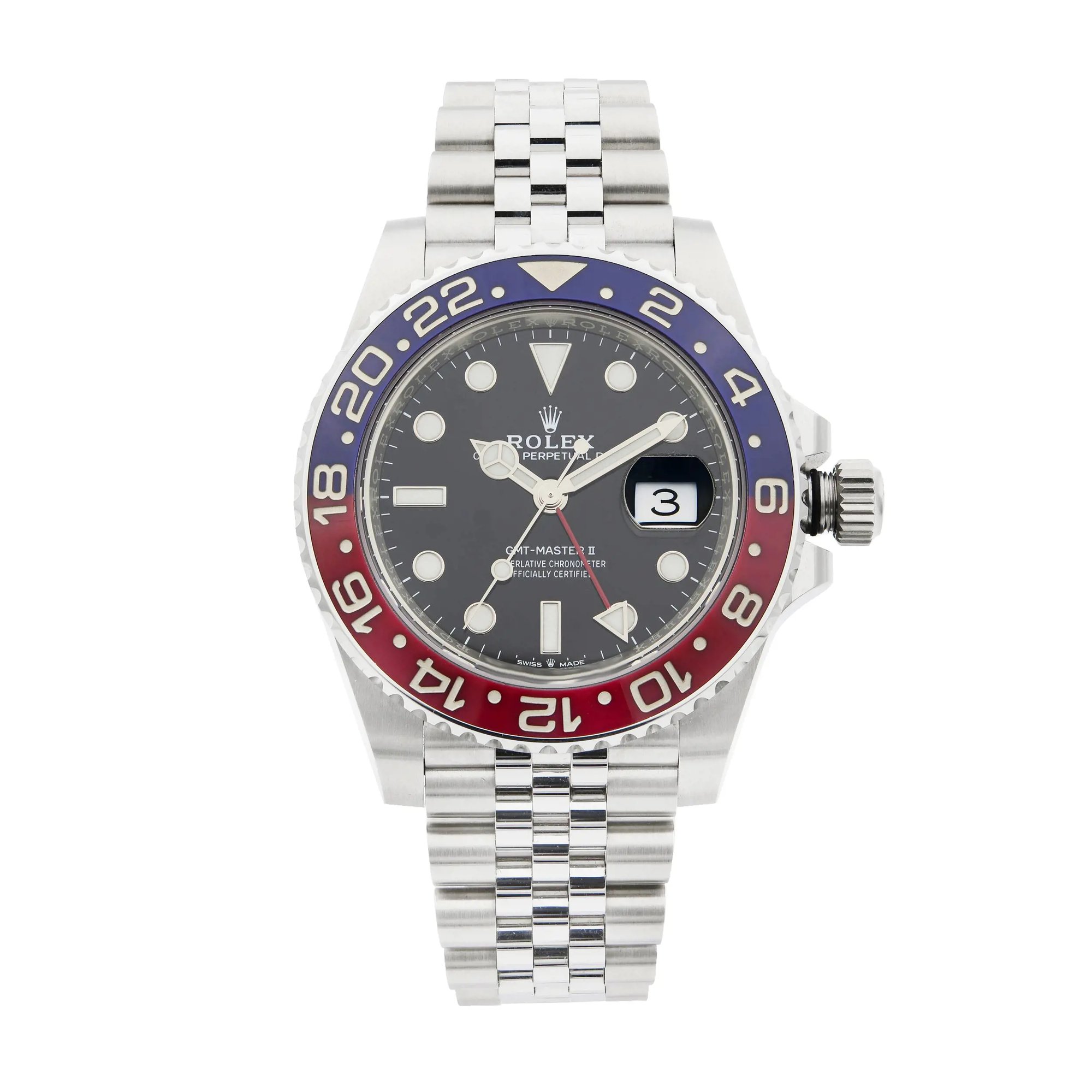 Front Full View Of Rolex 126710BLRO Stainless Steel Watch Pre Owned Condition {Product Condition}