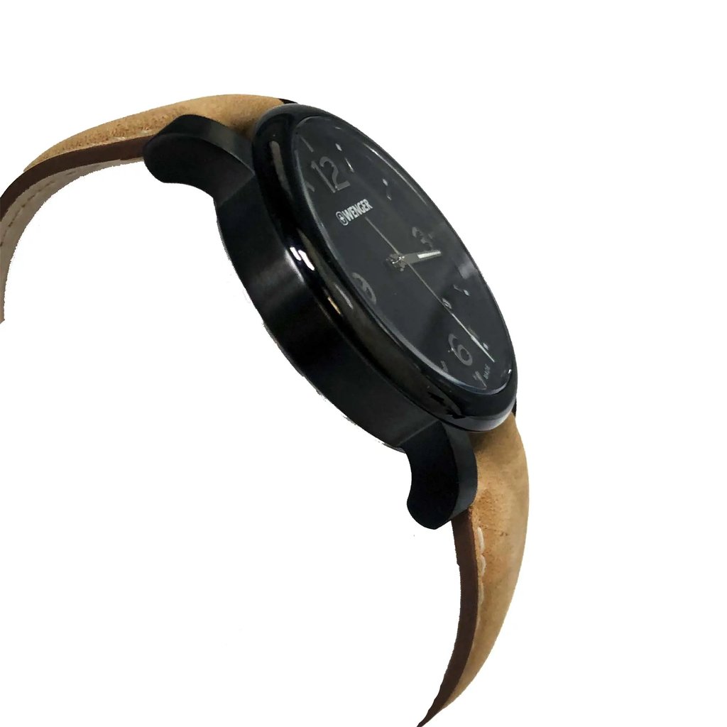 An image of a Wristwatch by Wenger. This Display Model item is designed for Men, featuring a Dress/Formal style. It has a Quartz movement and an Analog display with a Black dial color. The indices include 12-Hour Dial,Arabic Numerals,Stick Indexes. The band is made of Leather and the case is made of Stainless Steel. The watch has a Round shape with a case size of 41 mm and a case thickness of 10 mm.