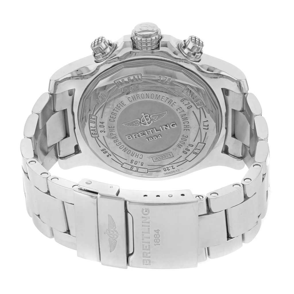 Back View Of {Caseback} Back Case And Closed Stainless Steel Band Of Breitling A1337111/C871 Watch Pre Owned Condition