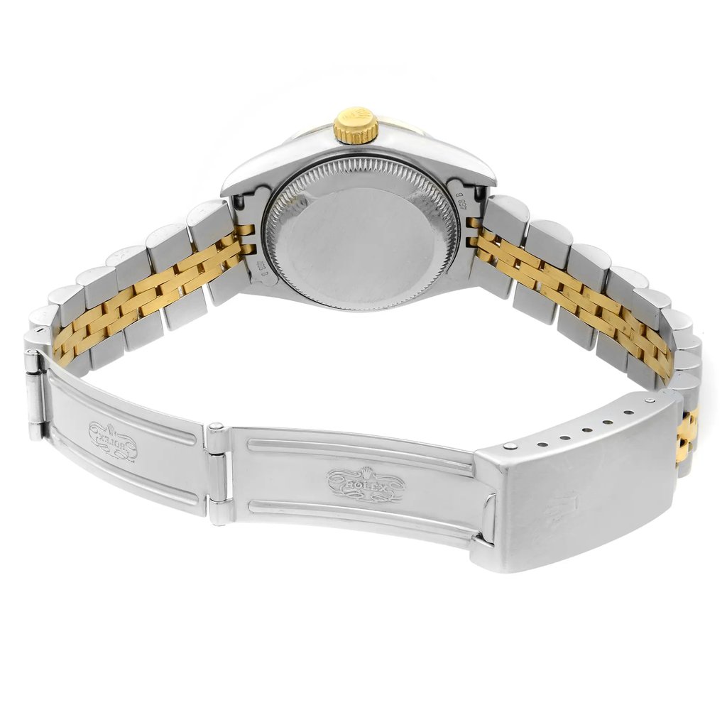 Back View Of {Caseback} Back Case And Open Stainless and Solid Gold Band Of Rolex 69173 Watch Pre Owned Condition
