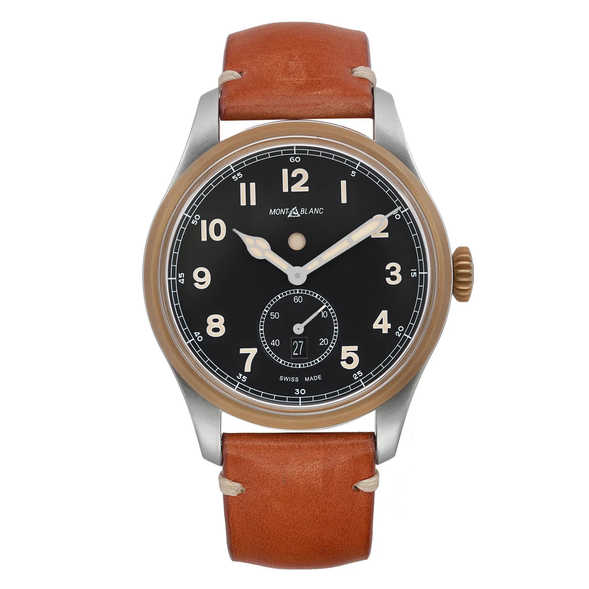 An image of a pre-owned Montblanc men's wristwatch in good condition, displayed in a front full frontal view. The watch has a round stainless steel case with a gold tone bezel, a black dial featuring Arabic numerals, luminous hands, a small seconds subdial at 6 o'clock, and a date indicator at 3 o'clock. It is fitted with a brown leather band. The watch is shown close-up, facing directly forward with no angle, highlighting its casual style.