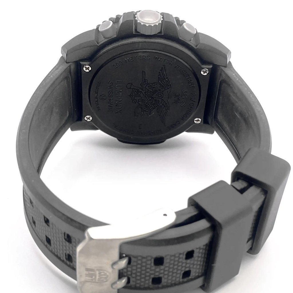 Back View Of Screwback Back Case And Closed Rubber Band Of Luminox XS.3081.BO Watch Pre Owned Condition