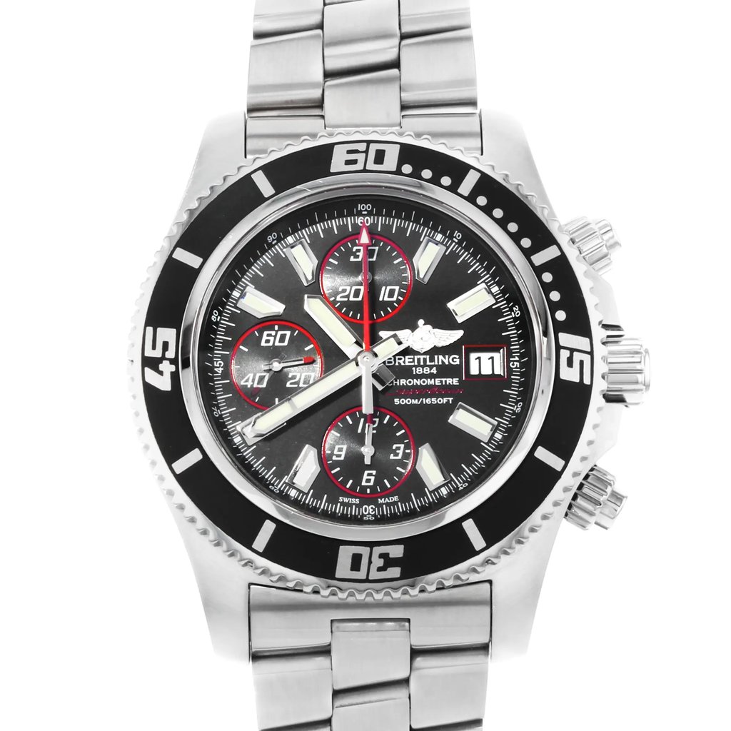 Up Close Front Facing Picture Of Breitling A1334102/BA81-134A Stainless Steel Watch Display Model Condition