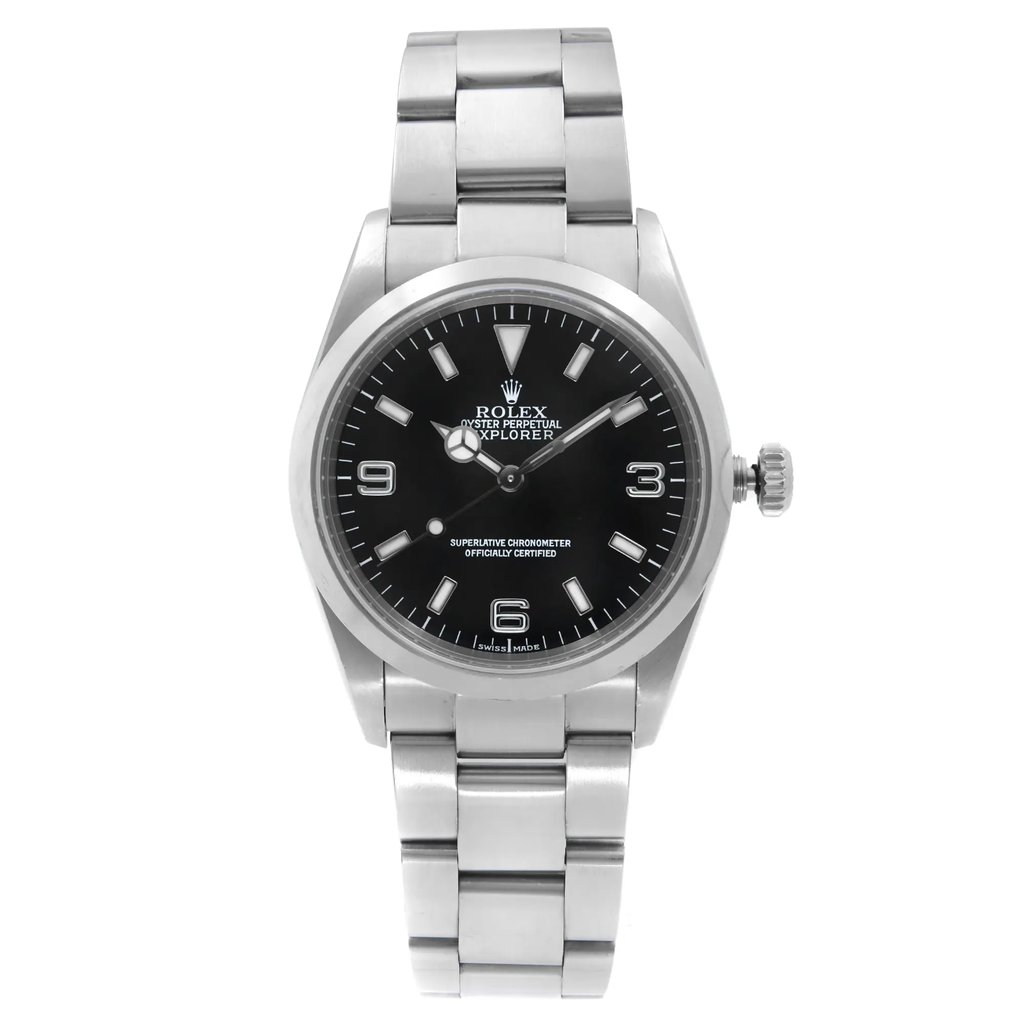 An image of a Wristwatch by Rolex. This Pre Owned item is designed for Men, featuring a Luxury style. It has a Mechanical (Automatic) movement and an Analog display with a Black dial color. The indices include 12-Hour Dial,Non-Numeric Hour Marks. The band is made of Stainless Steel and the case is made of Stainless Steel. The watch has a Round shape with a case size of 36 mm and a case thickness of 11 mm.