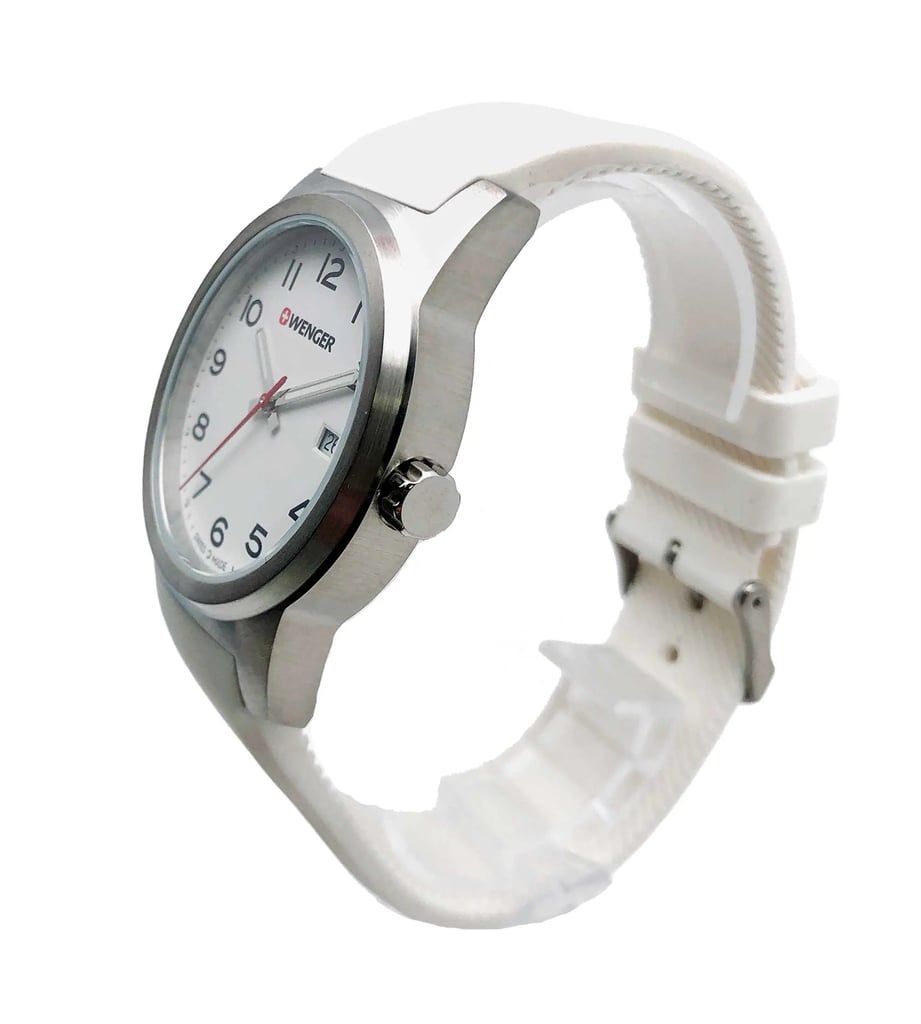 View Of Crown Facing Side Of Wenger 01.0441.147 Stainless Steel Watch Display Model Condition