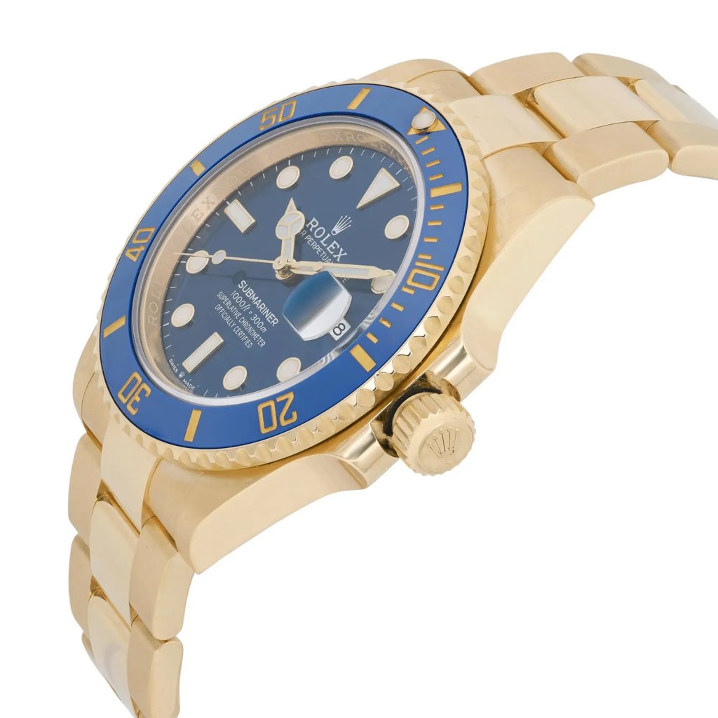 An image of a pre-owned men's Rolex wristwatch taken from a side angle, showcasing the right side of the watch at close range. The watch features a gold case and bracelet with a blue bezel and dial. The face includes a date indicator and luminous hands, with the crown visible on the side.